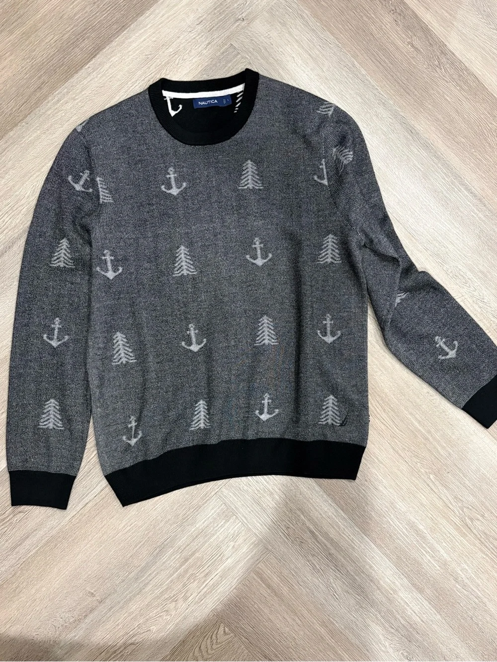 Nautica Grey Anchor-Print Crewneck Sweater Size L